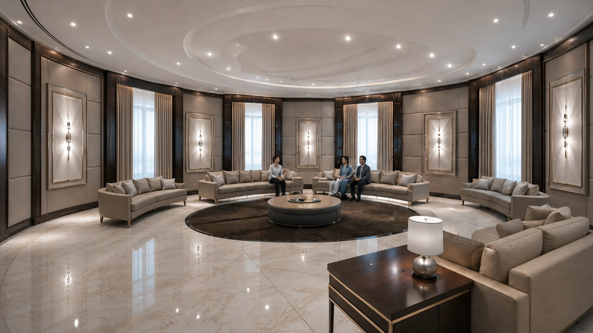 The completed circular family lounge after fit-out and handover, matching the approved 3D visualisation