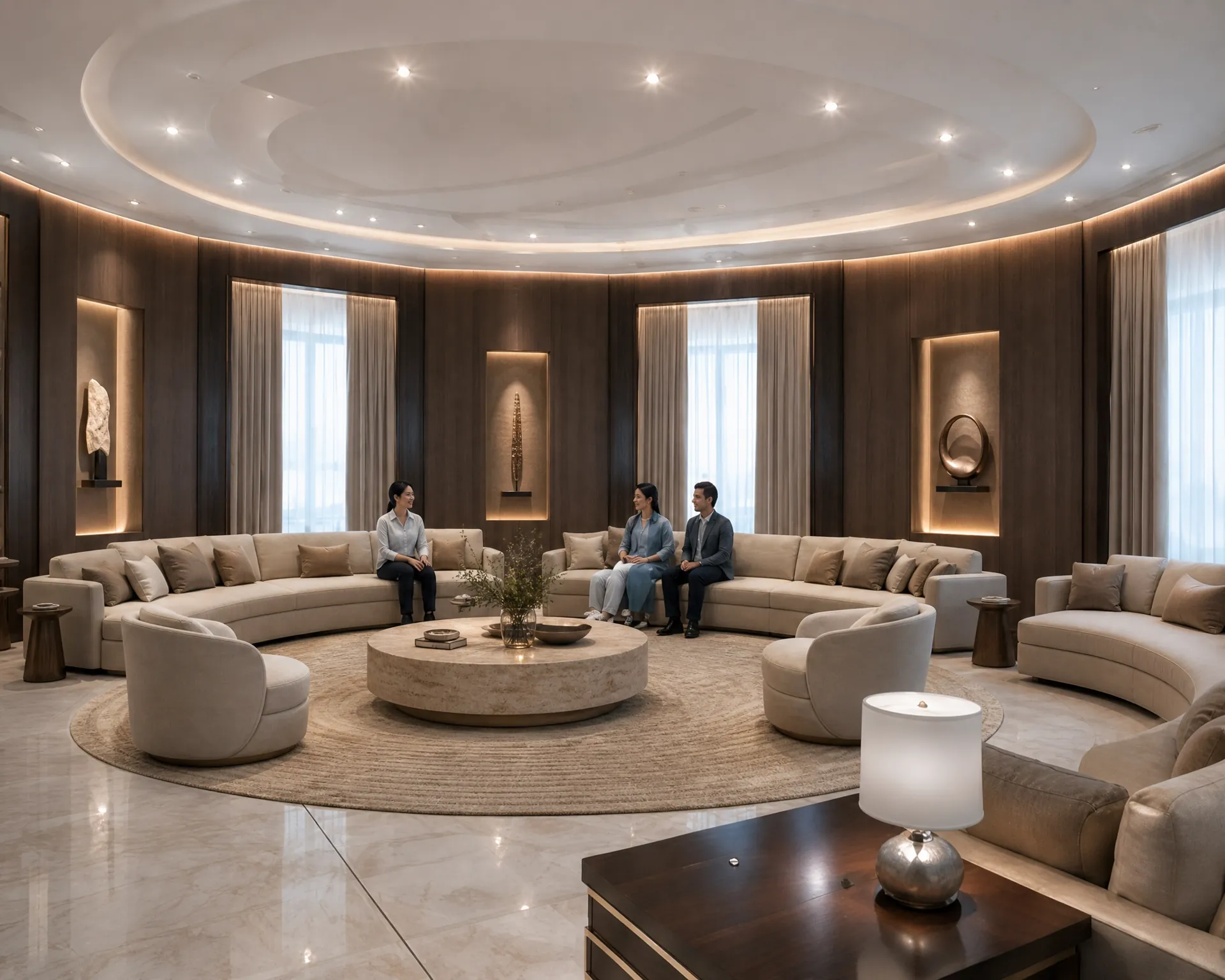 3D visualisation of a circular family lounge with curved sofas and a coffered ceiling, prepared during design development