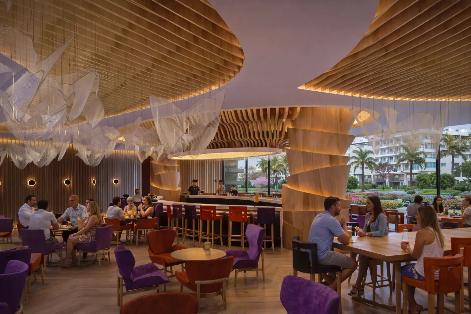 Beachfront restaurant with sculpted timber ceiling and diners, Dubai