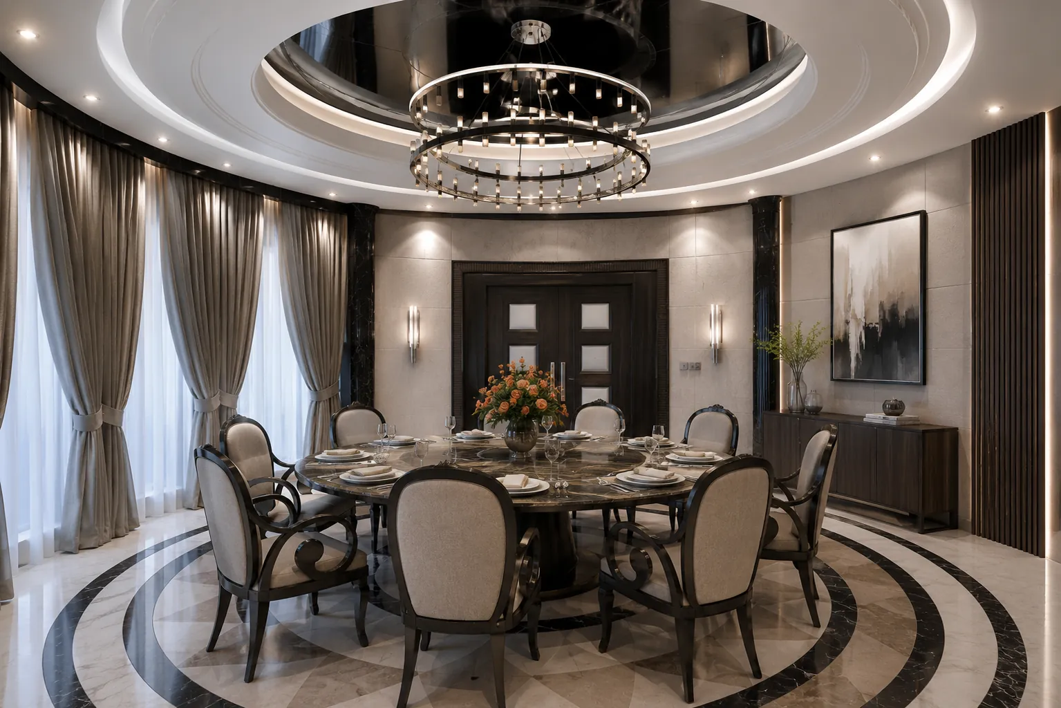 Formal dining room with a marble inlay floor, timber wall panels and upholstered chairs, showing the specified finishes