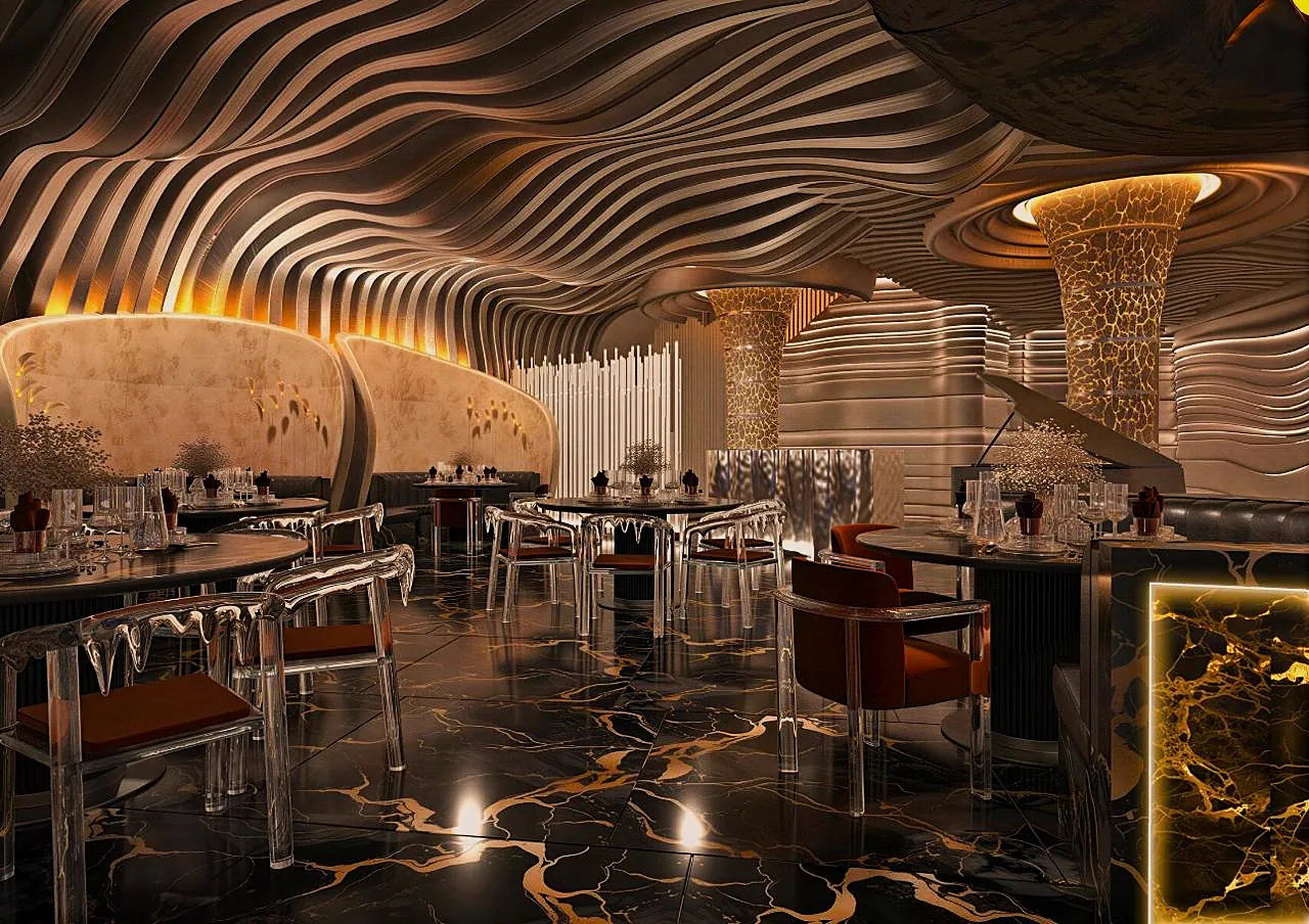 Restaurant interior with layered timber ceiling ribs that double as acoustic diffusion, over a natural stone floor