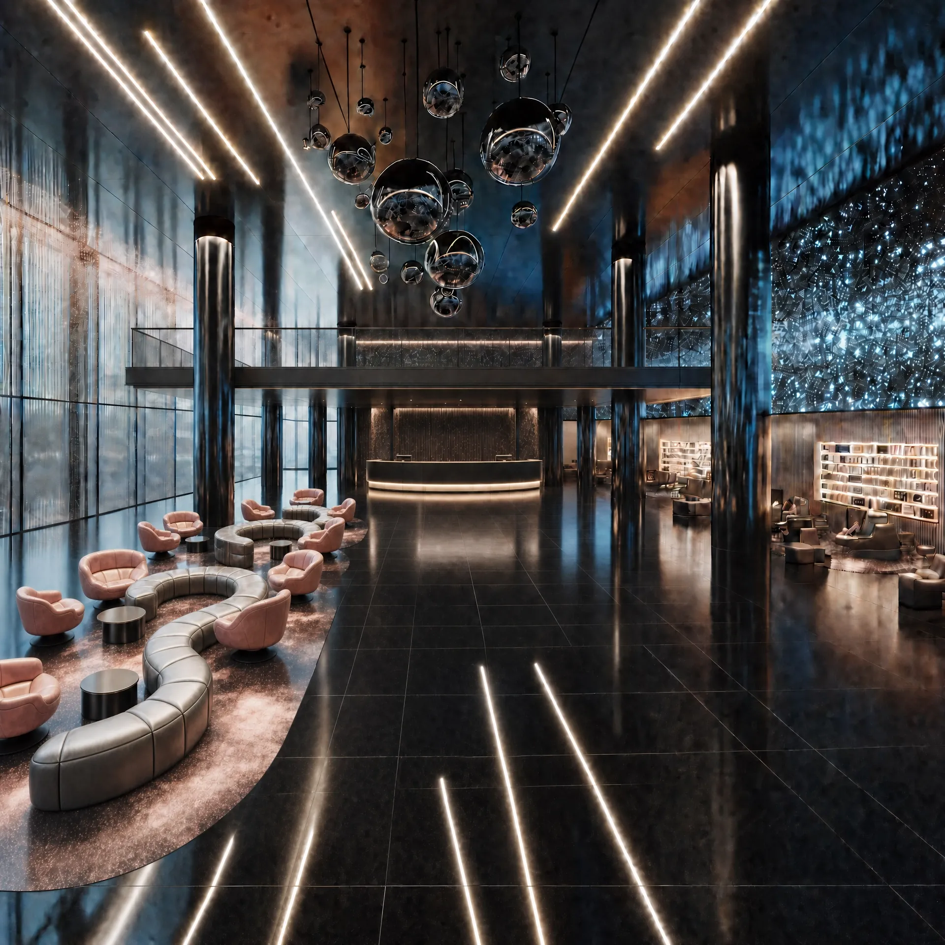 Hotel lobby with linear LED ceiling lighting and glass panels
