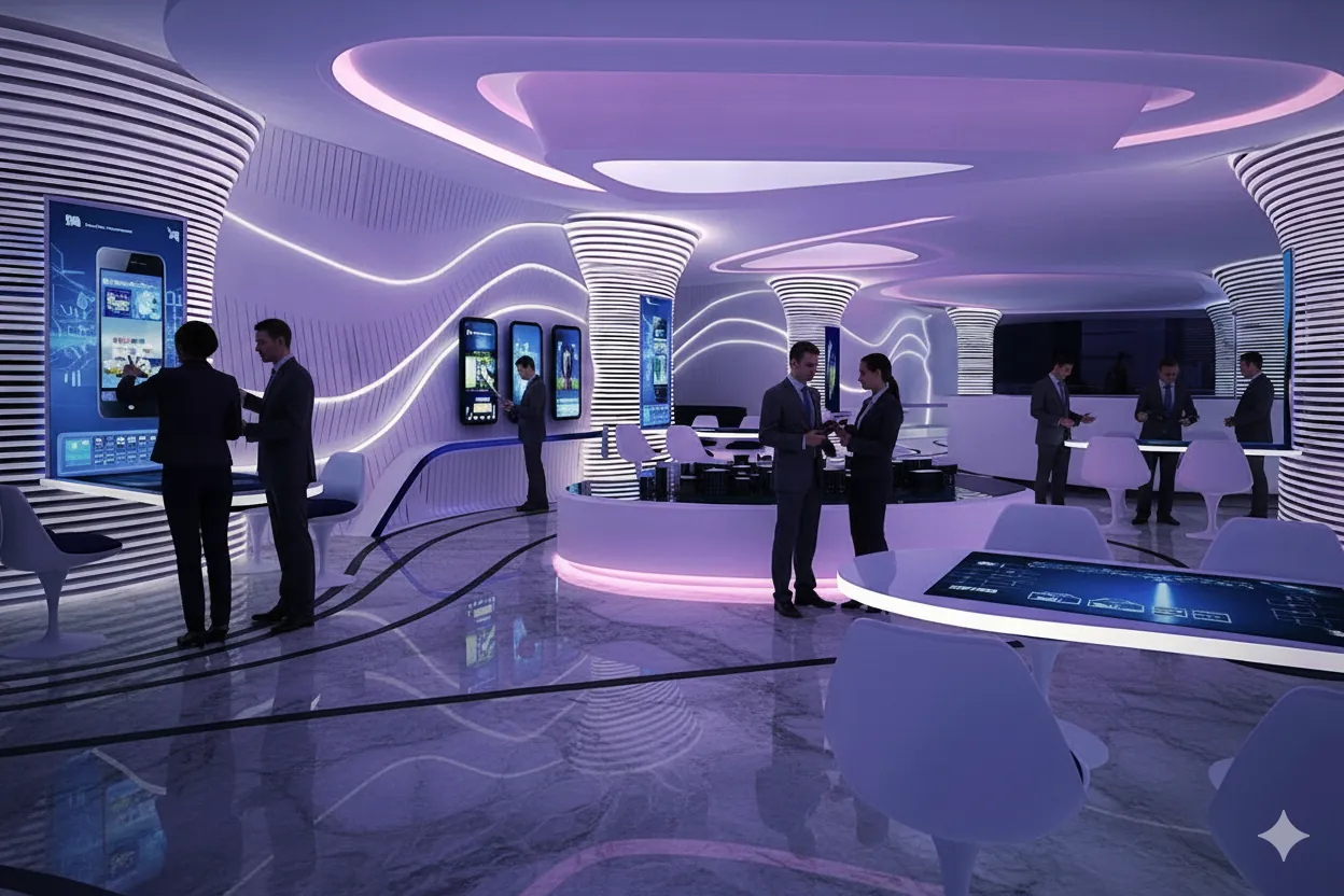 Guests interacting with digital displays in a purple-lit interactive technology showroom