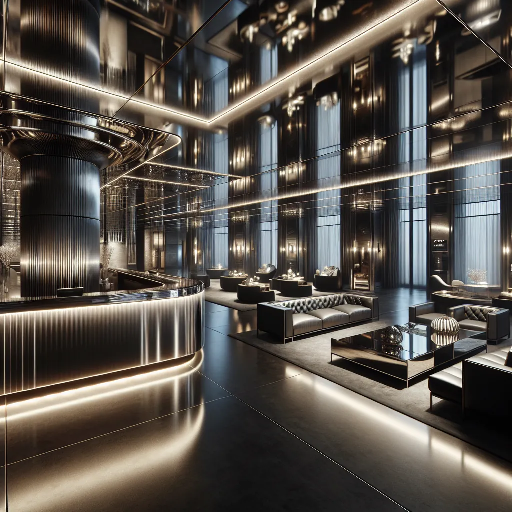 Dark hospitality lounge with integrated linear LED lighting and lacquered wall panels