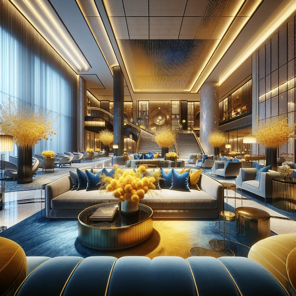 Luxury hotel lobby lounge with layered cove lighting, blue velvet seating and brass detailing