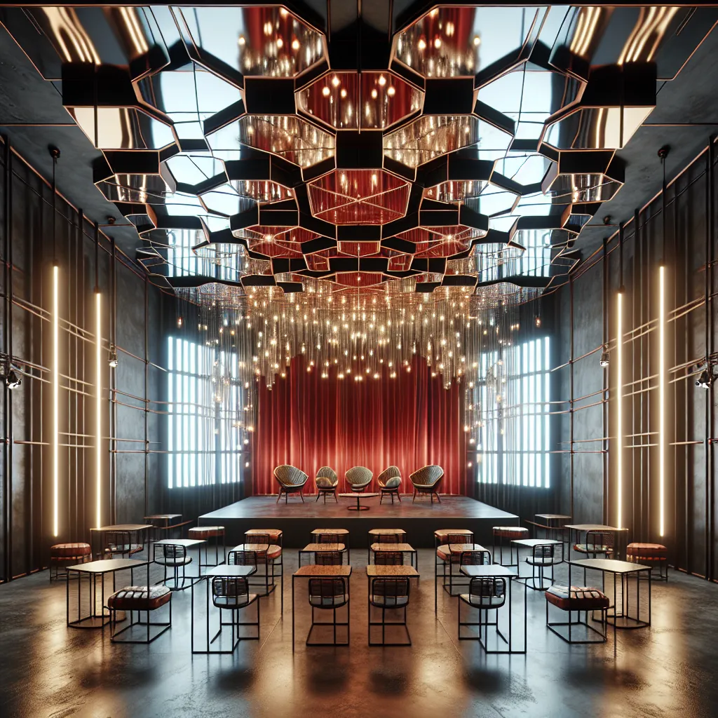 Cocktail bar with a hexagonal pendant lighting installation and a backlit red feature wall